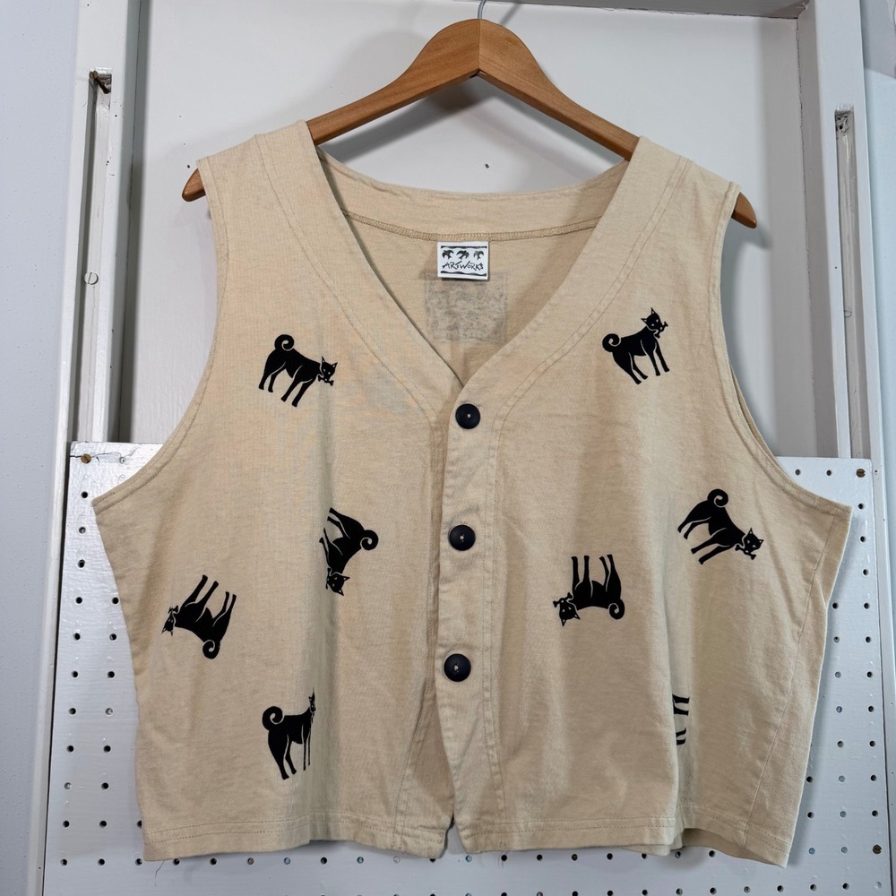 Vintage Artworks Vest Women's Beige Dog Print Button Front Top USA Made Medium